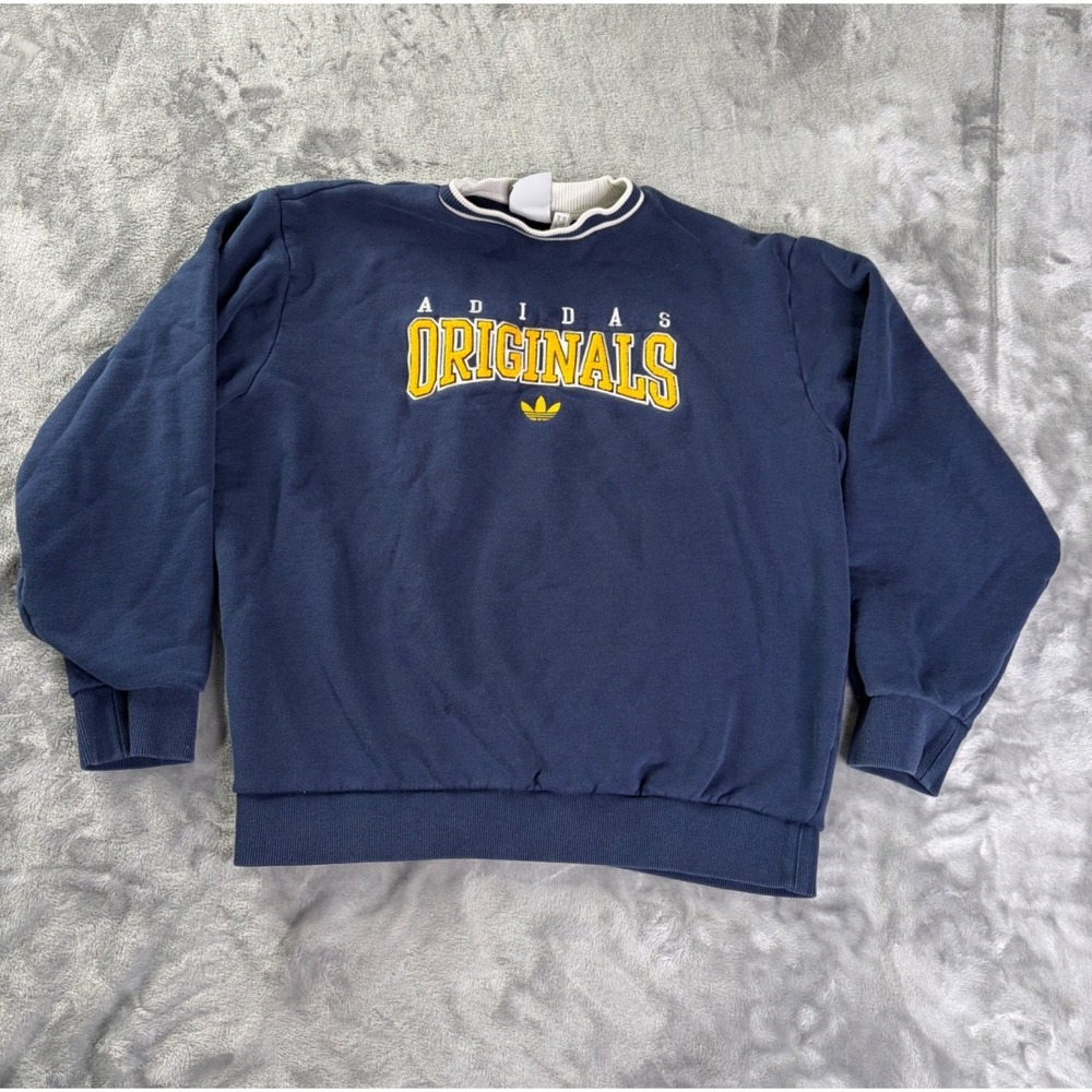 adidas Originals Crewneck Sweatshirt Mens M Navy Blue Yellow Chenille Trefoil